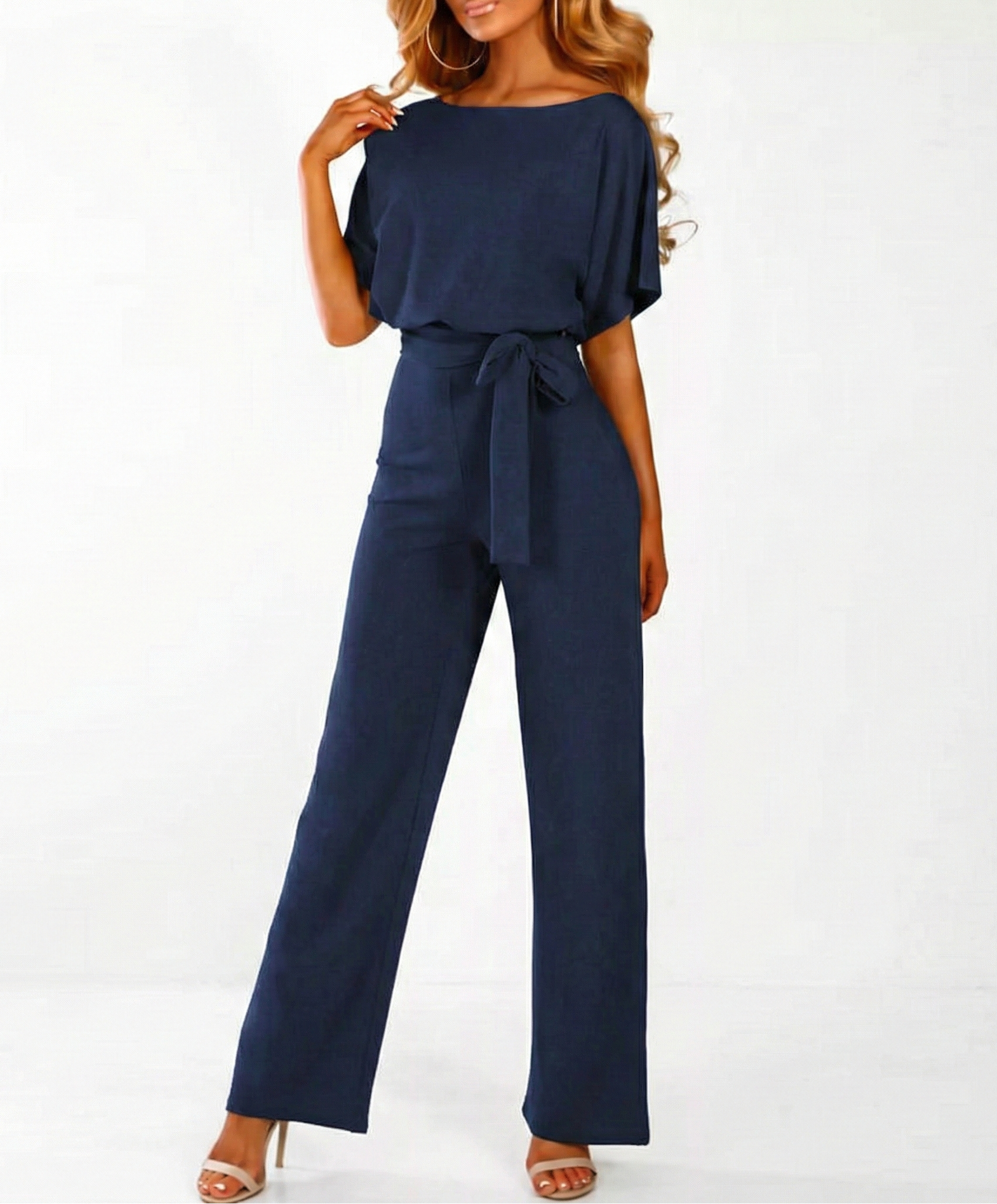 Women’s Short-Sleeve Jumpsuit with Tie Belt