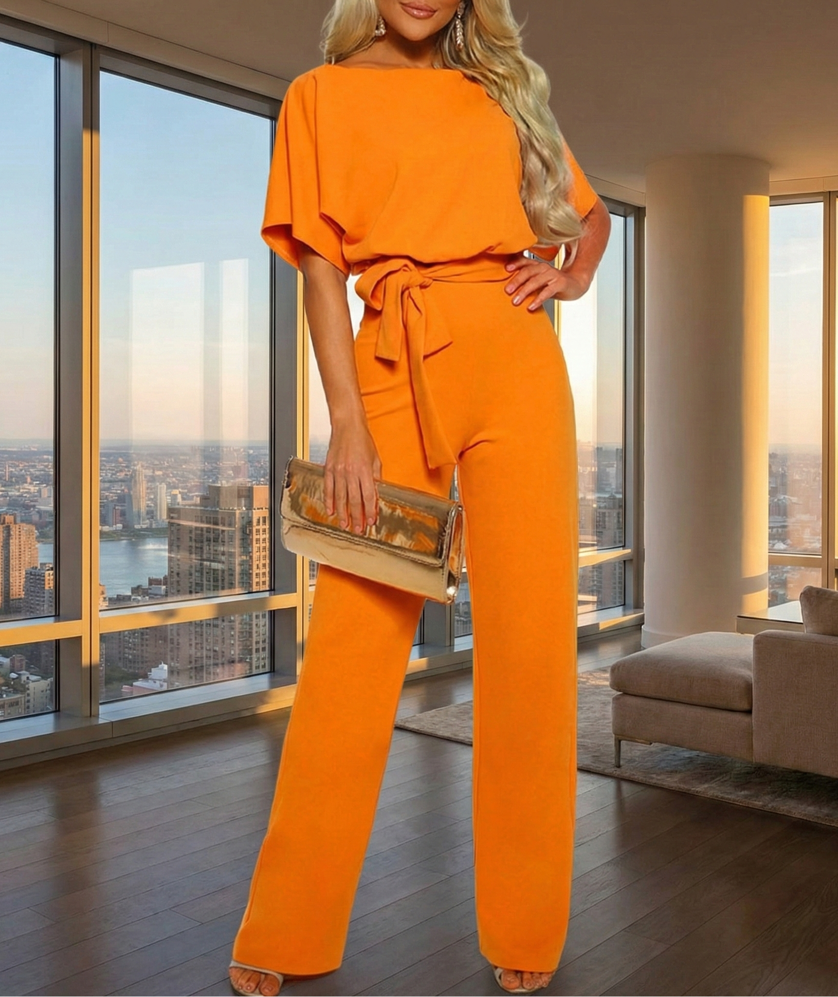 Women’s Short-Sleeve Jumpsuit with Tie Belt