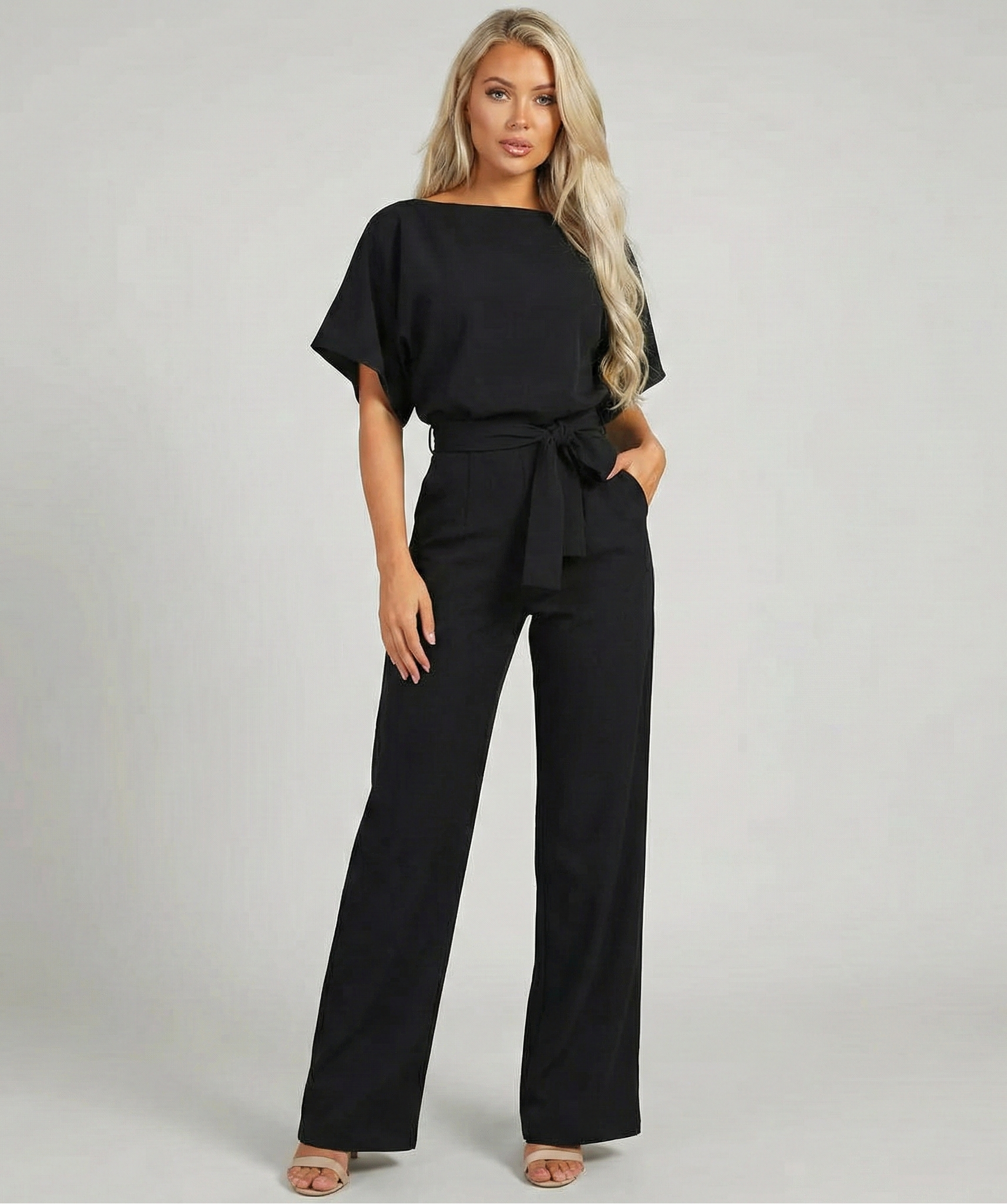 Women’s Short-Sleeve Jumpsuit with Tie Belt