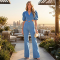 Women's Denim Jumpsuit with V-Neck and Puff Sleeves