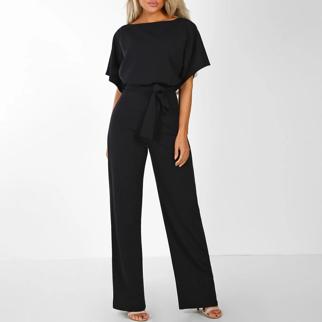 Women’s Short-Sleeve Jumpsuit with Tie Belt