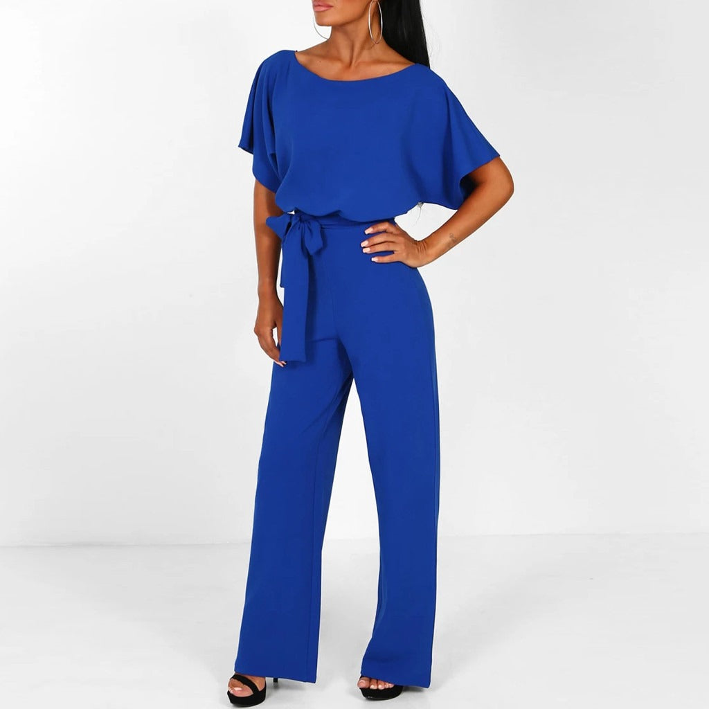 Women’s Short-Sleeve Jumpsuit with Tie Belt