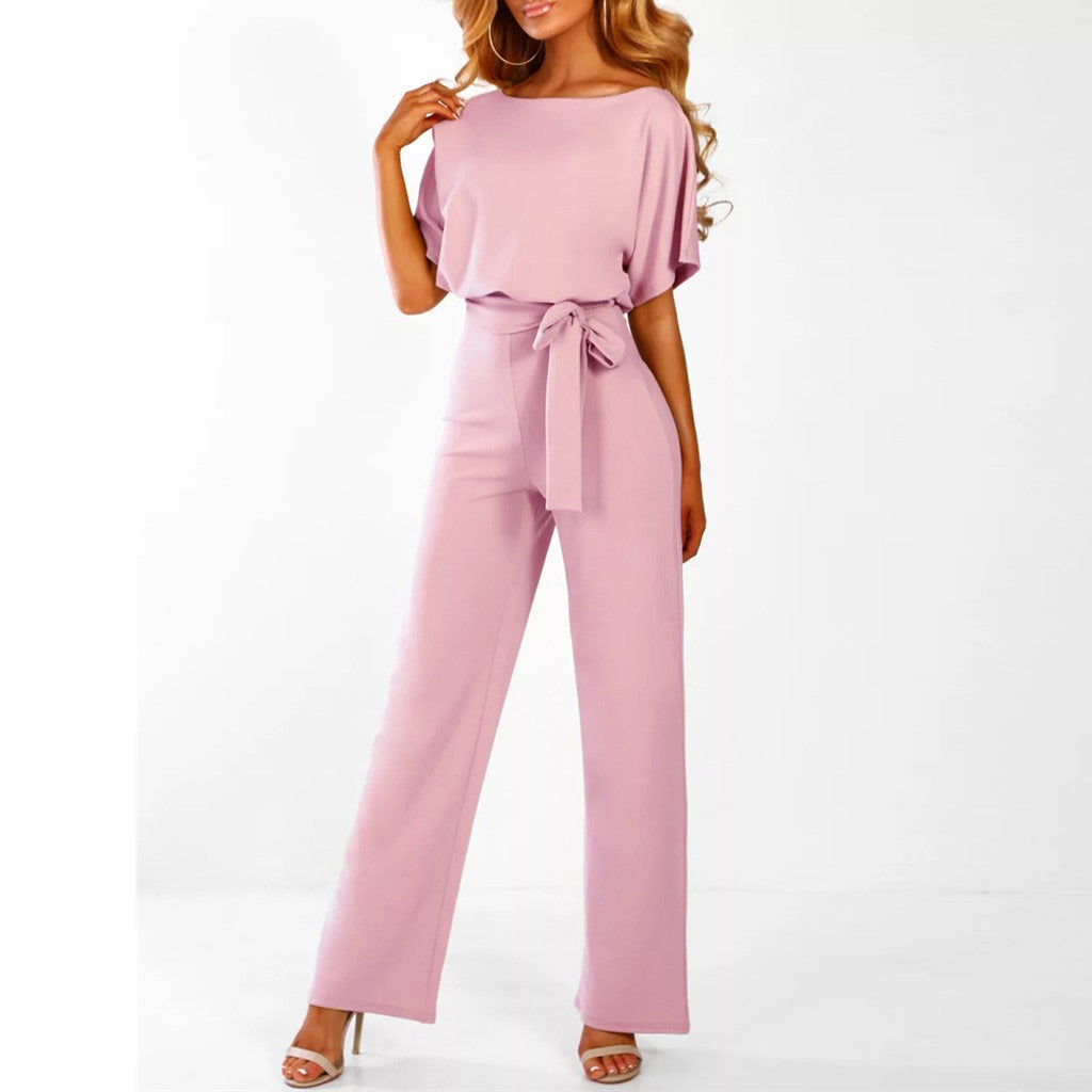 Women’s Short-Sleeve Jumpsuit with Tie Belt